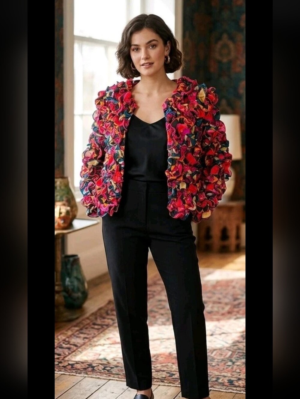 Celia B Ruffle Cotton Blend Vibrant Blue Red Floral Jacket NWT Medium